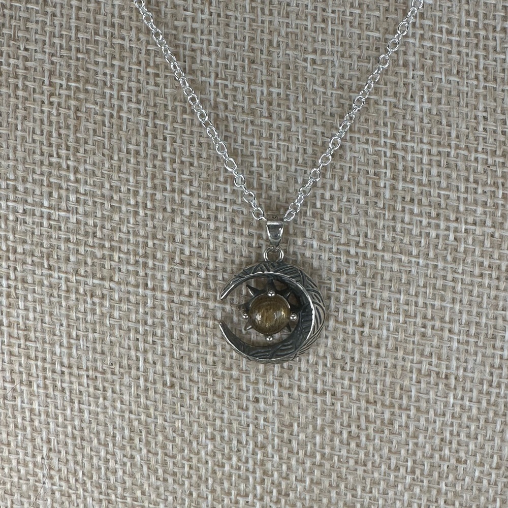 Rutilated Quartz and Silver Moon and Star Pendant Necklace on Box Chain - Picture 13 of 16